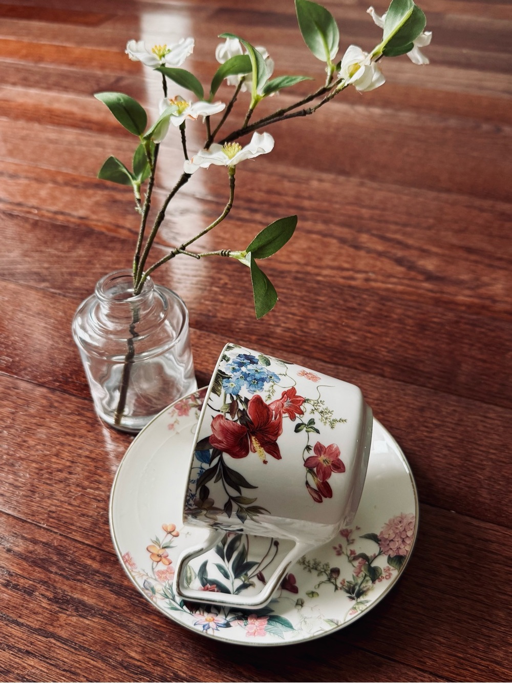 Grace Teaware Floral 🌷Teacup & Saucer Set Pink Blue Gold Trim 7 oz
